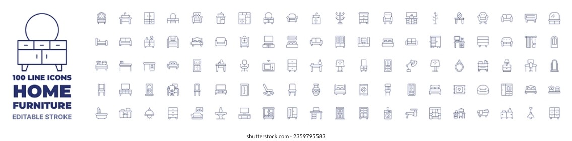 100 icons Home furniture collection. Thin line icon. Editable stroke. Home furniture icons for web and mobile app.