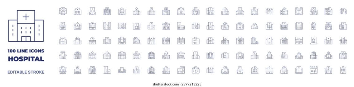 100 icons Hospital collection. Thin line icon. Editable stroke. Hospital icons for web and mobile app.