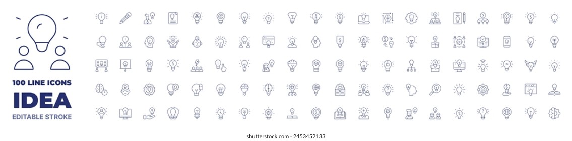 100 Icons Idea Kollektion. Dünne Linie Symbol. Bearbeitbarer Strich. Ideensymbole für Web und mobiles App.
