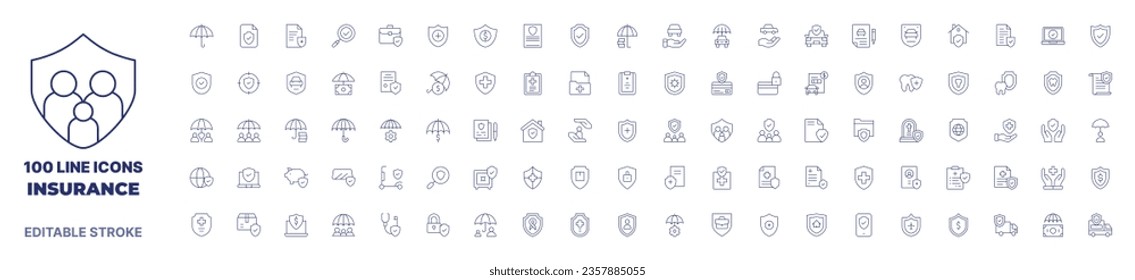 100 icons Insurance collection. Thin line icon. Editable stroke. Insurance icons for web and mobile app.