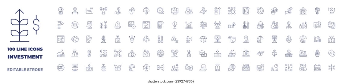 100 iconos Colección de inversiones. Icono de línea delgada. Trazo editable. Iconos de inversión para aplicaciones web y móviles.