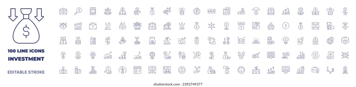 100 iconos Colección de inversiones. Icono de línea delgada. Trazo editable. Iconos de inversión para aplicaciones web y móviles.