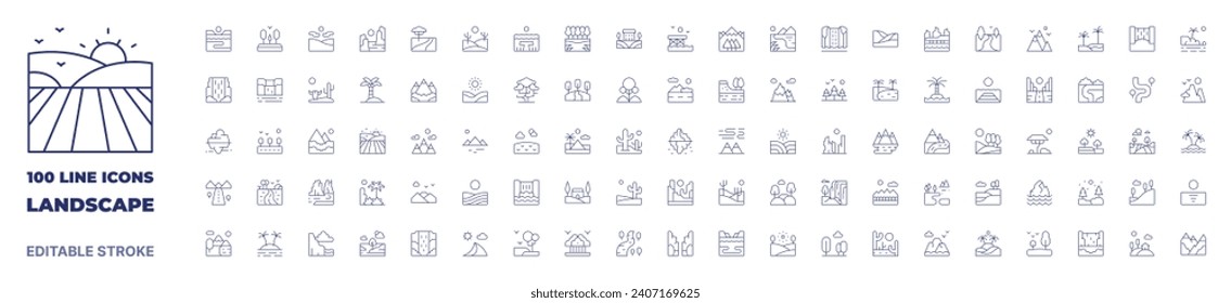 100 icons Landscape collection. Thin line icon. Editable stroke. Landscape icons for web and mobile app.