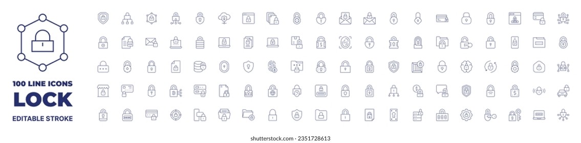 100 iconos Colección Lock. Icono de línea delgada. Trazo editable.