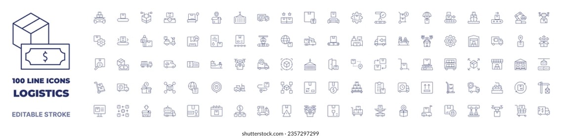 100 icons Logistics collection. Thin line icon. Editable stroke.