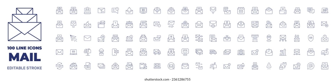 100 icons Mail collection. Thin line icon. Editable stroke. Mail icons for web and mobile app.