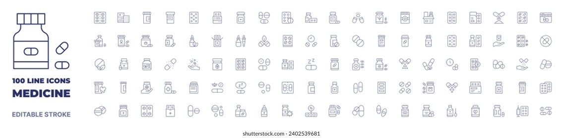 100 icons Medicine collection. Thin line icon. Editable stroke. Medicine icons for web and mobile app.