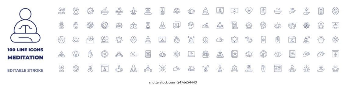 100 iconos colección de meditación. Icono de línea fina. Trazo editable. Iconos de meditación para Web y App móvil.