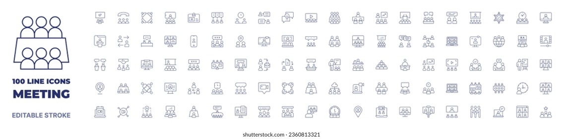 100 icons Meeting collection. Thin line icon. Editable stroke. Meeting icons for web and mobile app.