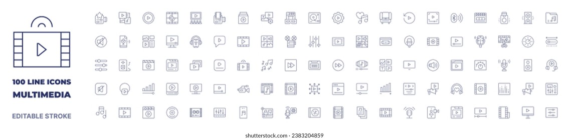 100 icons Multimedia collection. Thin line icon. Editable stroke. Multimedia icons for web and mobile app.