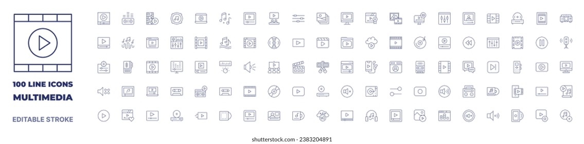 100 icons Multimedia collection. Thin line icon. Editable stroke. Multimedia icons for web and mobile app.