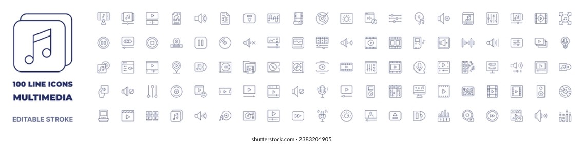 100 icons Multimedia collection. Thin line icon. Editable stroke. Multimedia icons for web and mobile app.