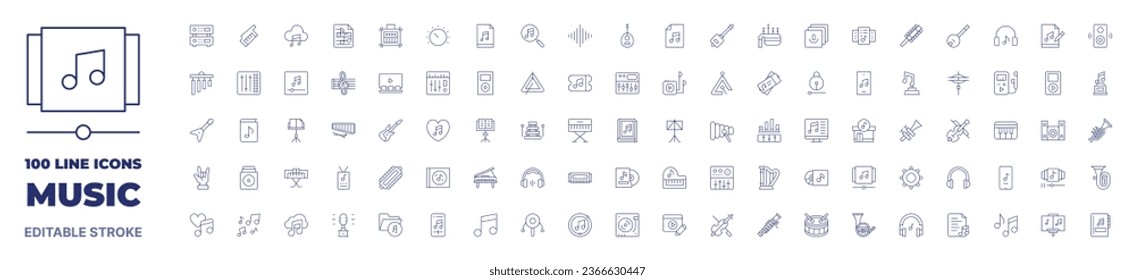 100 icons Music collection. Thin line icon. Editable stroke. Music icons for web and mobile app.