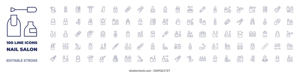 100 Icons Nagelstudio Kollektion. Dünne Linie Symbol. Bearbeitbarer Strich. Nagelstudio-Icons für Web und mobiles App.