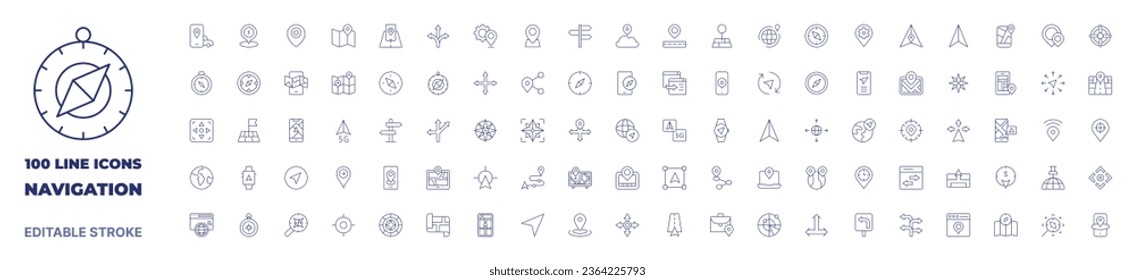 100 icons Navigation collection. Thin line icon. Editable stroke. Navigation icons for web and mobile app.