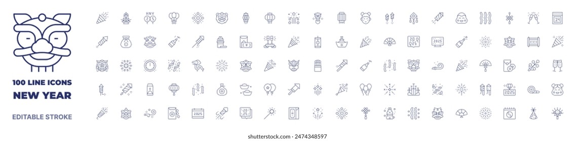 100 icons New year collection. Thin line icon. Editable stroke. New year icons for web and mobile app.