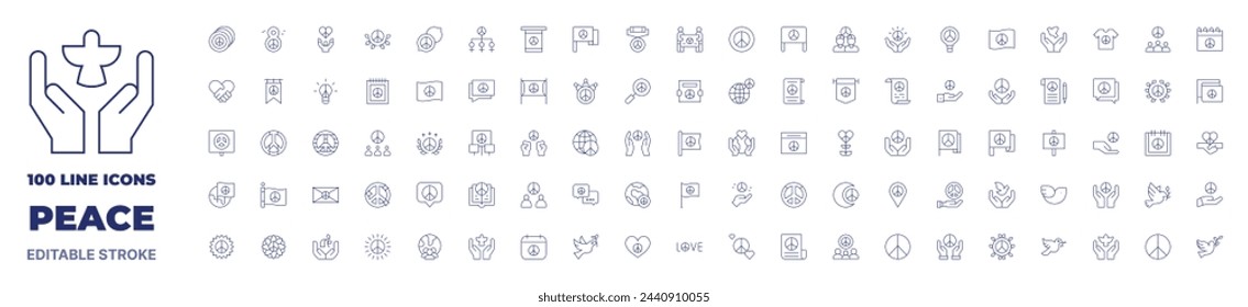 100 icons Peace collection. Thin line icon. Editable stroke. Peace icons for web and mobile app.