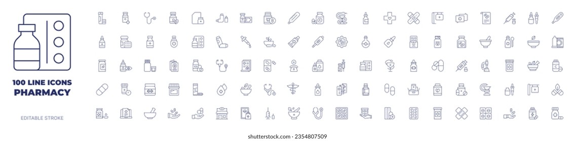 100 icons Pharmacy collection. Thin line icon. Editable stroke.