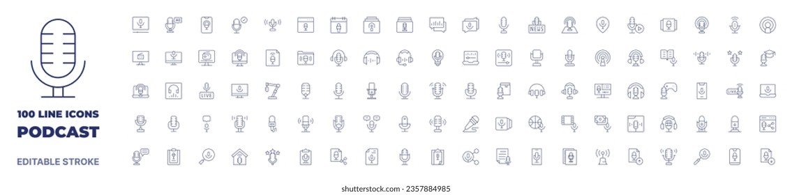 100 icons Podcast collection. Thin line icon. Editable stroke. Podcast icons for web and mobile app.