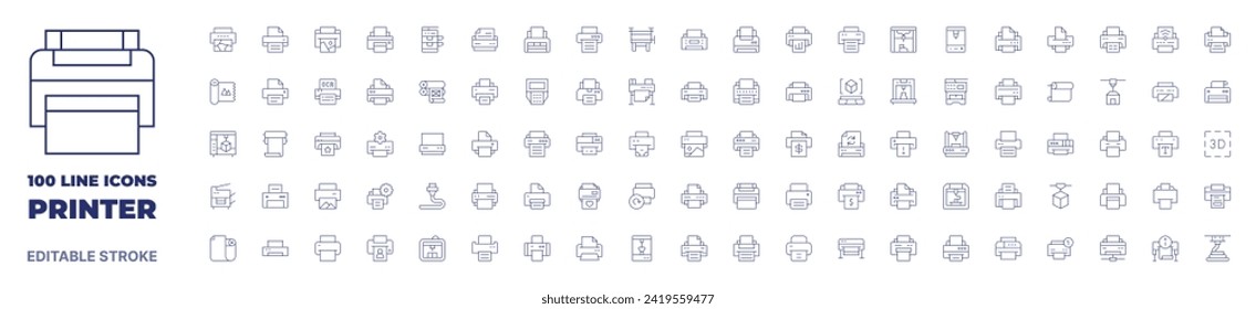 100 icons Printer collection. Thin line icon. Editable stroke. Printer icons for web and mobile app.