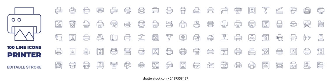 100 icons Printer collection. Thin line icon. Editable stroke. Printer icons for web and mobile app.