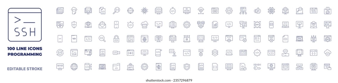 100 icons Programming collection. Thin line icon. Editable stroke.