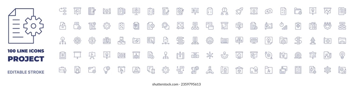 100 iconos Colección Project. Icono de línea delgada. Trazo editable. Iconos del proyecto para aplicaciones web y móviles.