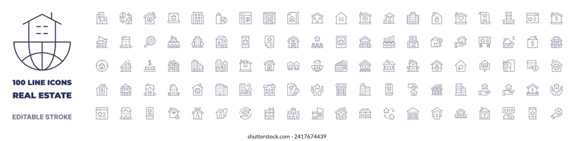 100 icons Real estate collection. Thin line icon. Editable stroke. Real estate icons for web and mobile app.