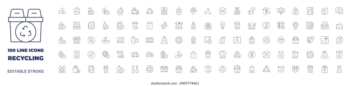 100 iconos Colección Recicling. Icono de línea delgada. Trazo editable. Iconos de reciclaje para aplicaciones web y móviles.