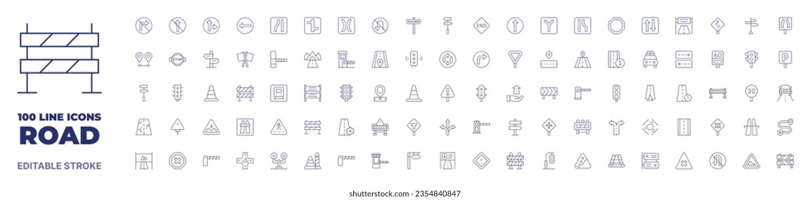 100 icons Road collection. Thin line icon. Editable stroke.