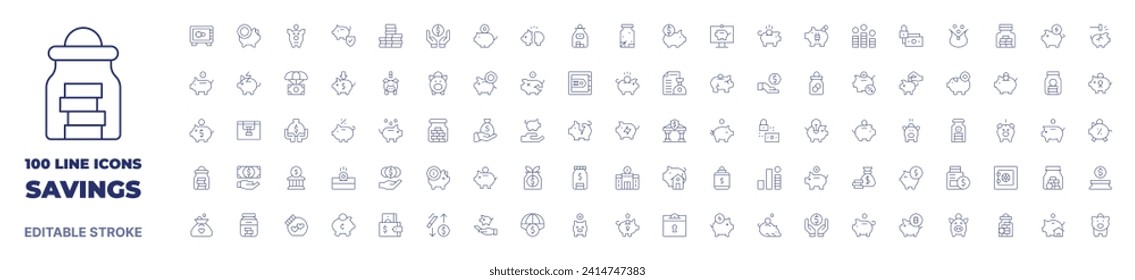 100 icons Savings collection. Thin line icon. Editable stroke. Savings icons for web and mobile app.