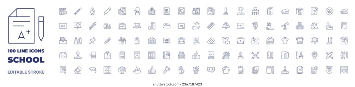 100 icons School collection. Thin line icon. Editable stroke. School icons for web and mobile app.