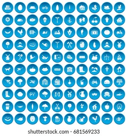 100 icons set in blue circle isolated on white vector illustration