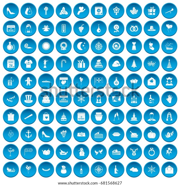100 icons set in blue circle isolated on\
white vector illustration