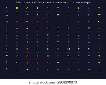 100 Icons Set of Classic Arcade UI and Power-Ups Pixel Art Game Interface Assets