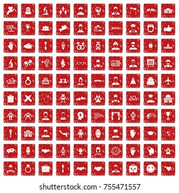 100 icons set in grunge style red color isolated on white background vector illustration
