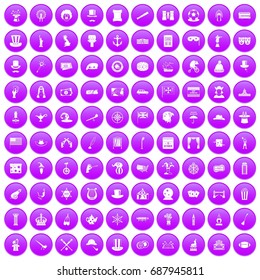 100 icons set in purple circle isolated on white vector illustration
