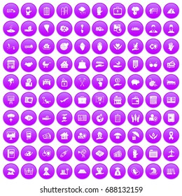 100 icons set in purple circle isolated vector illustration