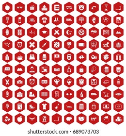 100 icons set in red hexagon isolated vector illustration
