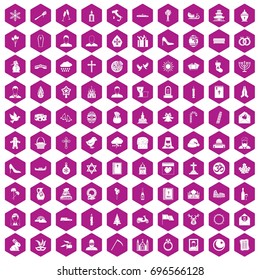 100  icons set in violet hexagon isolated vector illustration