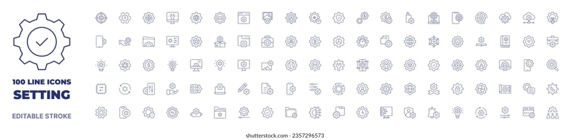 100 iconos Colección Setting. Icono de línea delgada. Trazo editable. Configurando iconos para la aplicación web y móvil.