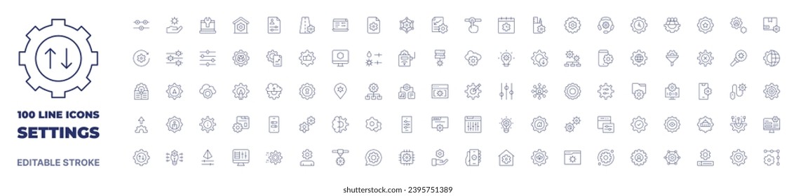 100 icons Settings collection. Thin line icon. Editable stroke. Settings icons for web and mobile app.