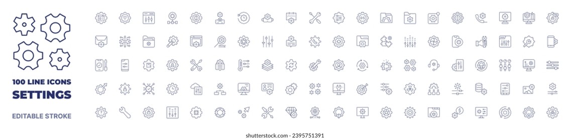 100 iconos Colección Settings. Icono de línea delgada. Trazo editable. Iconos de configuración para aplicaciones web y móviles.