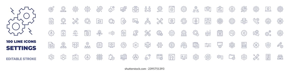 100 icons Settings collection. Thin line icon. Editable stroke. Settings icons for web and mobile app.