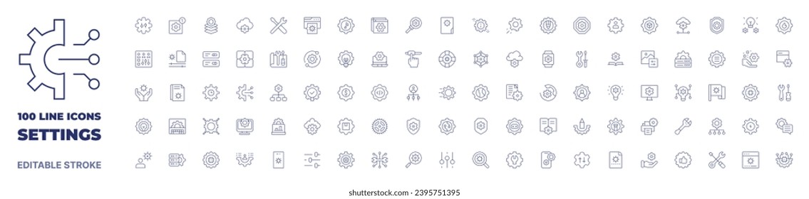 100 iconos Colección Settings. Icono de línea delgada. Trazo editable. Iconos de configuración para aplicaciones web y móviles.