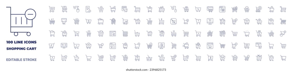 100 iconos Colección de carritos de compras. Icono de línea delgada. Trazo editable. Iconos de carrito de compras para aplicaciones web y móviles.