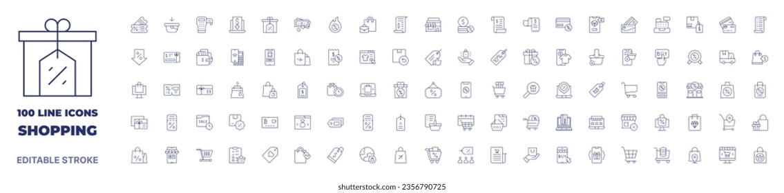 100 icons Shopping collection. Thin line icon. Editable stroke. Shopping icons for web and mobile app.