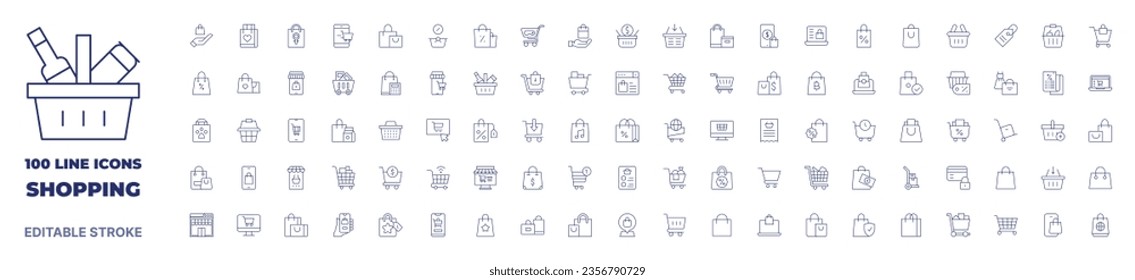 100 Symbole Shopping-Kollektion. Dünne Linie Symbol. Bearbeitbarer Strich. Shopping-Icons für Web- und mobile App.