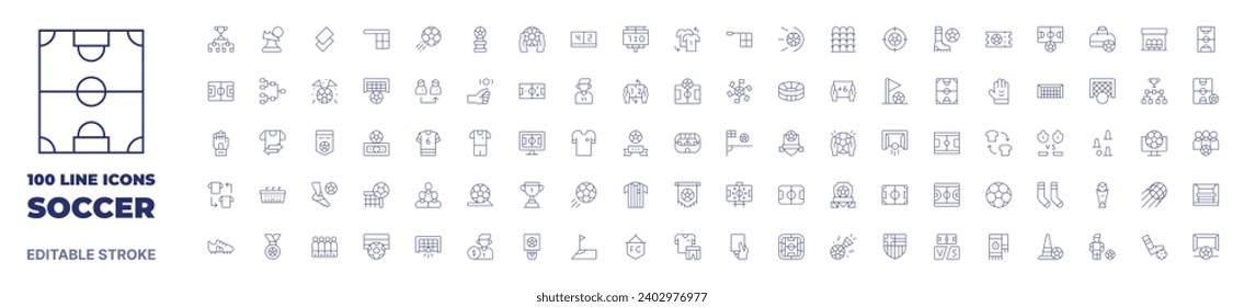 100 icons Soccer collection. Thin line icon. Editable stroke. Soccer icons for web and mobile app.