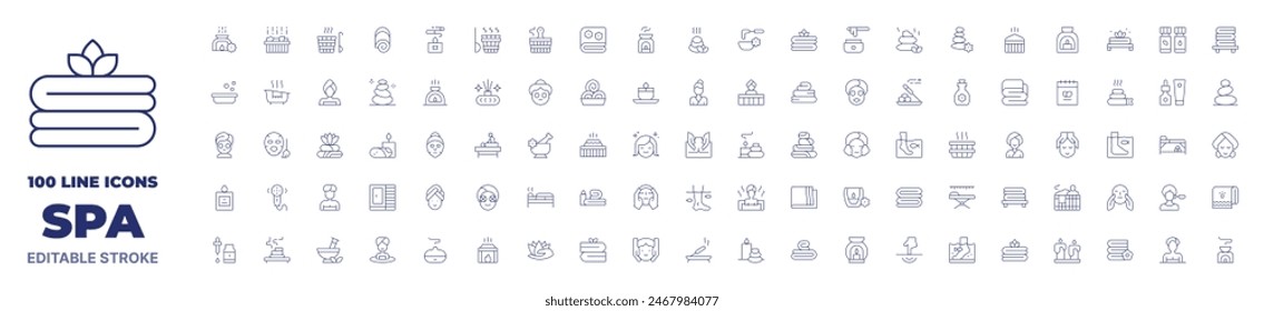 100 icons Spa collection. Thin line icon. Editable stroke. Spa icons for web and mobile app.